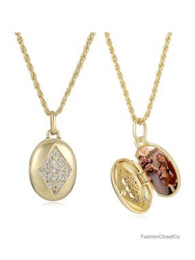 14K Gold Plated Brass Photo Locket Necklace with CZ, Personalized Picture
